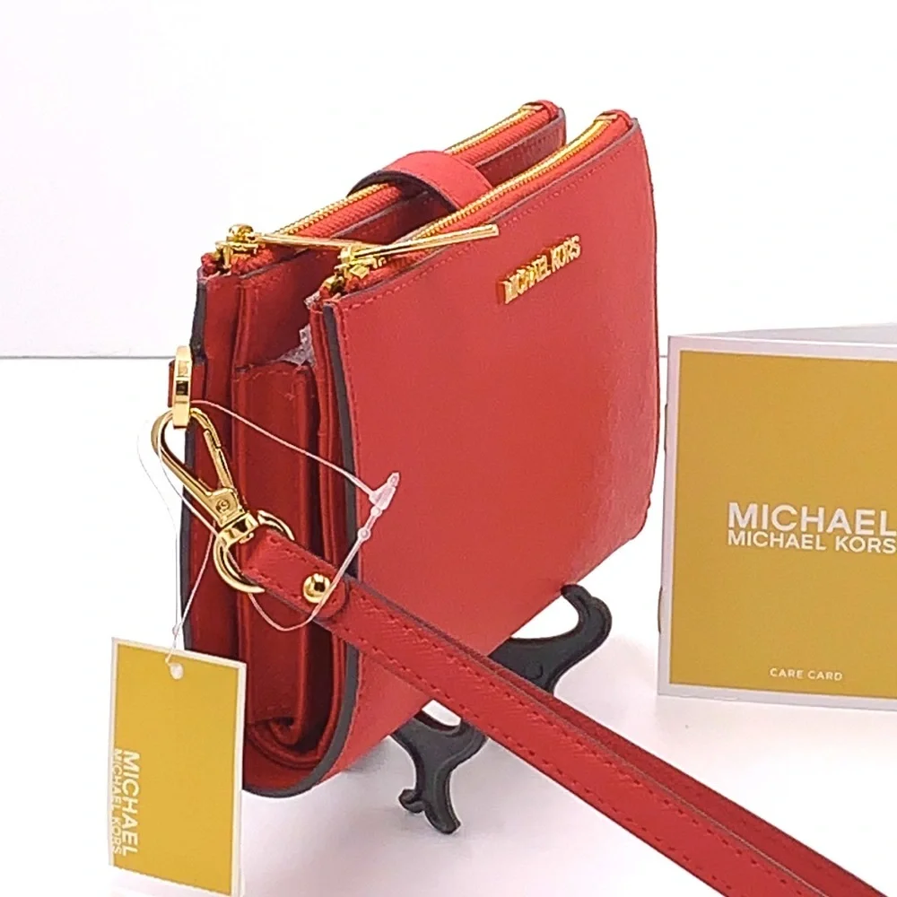 MICHAEL KORS LARGE DOUBLE ZIP WRISTLET WALLET FLAME COLOR